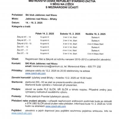 Propozice MČR žactva Jablonec 14.2.-16.2.25